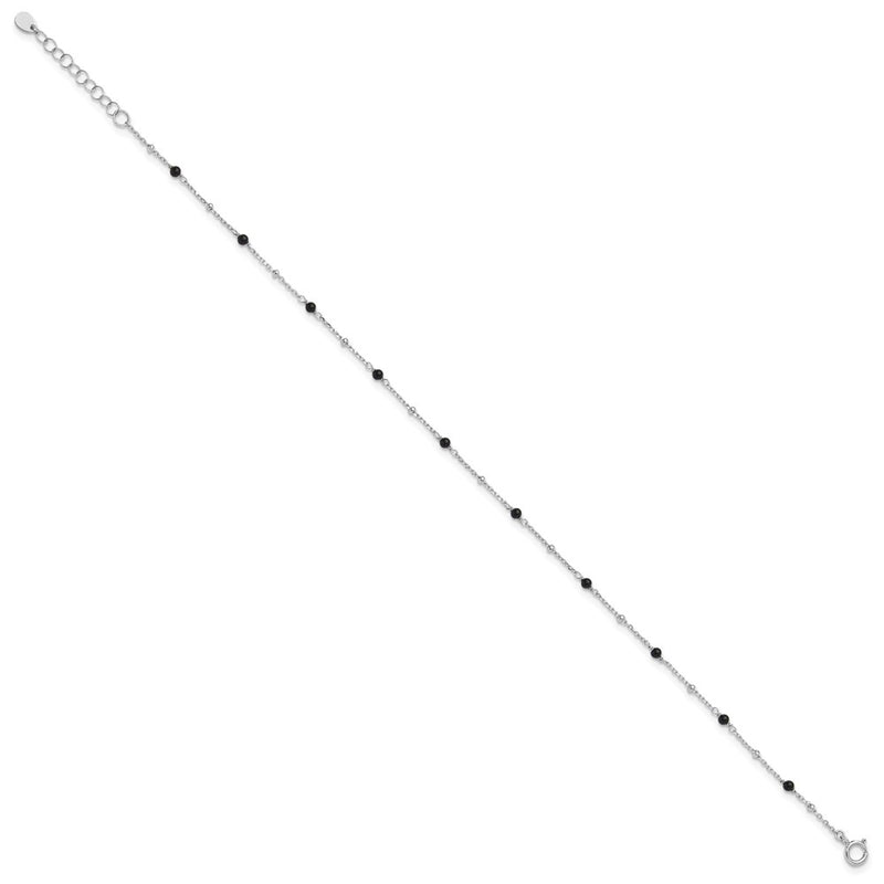 Sterling Silver Rhodium-Plated Onyx Beaded 9.25in Plus 1in Ext Anklet