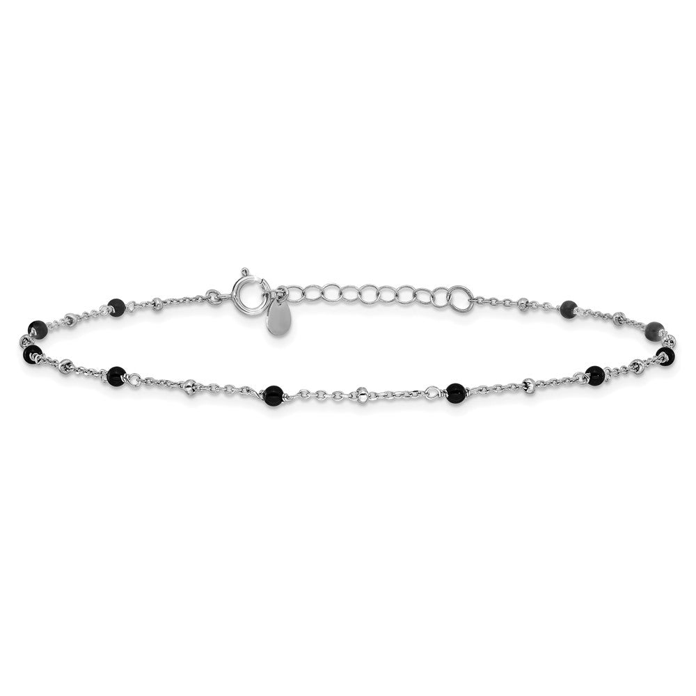 Sterling Silver Rhodium-Plated Onyx Beaded 9.25in Plus 1in Ext Anklet