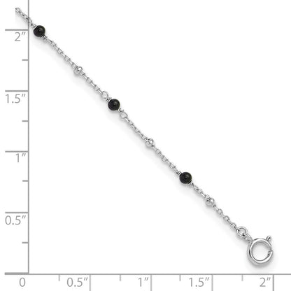 Sterling Silver Rhodium-Plated Onyx Beaded 9.25in Plus 1in Ext Anklet