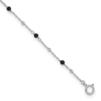 Sterling Silver Rhodium-Plated Onyx Beaded 9.25in Plus 1in Ext Anklet