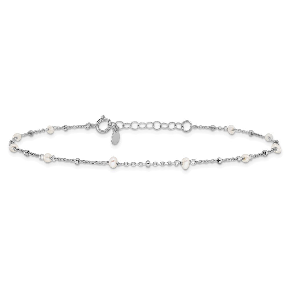 Sterling Silver Rhodium-Plated 3mm Fwc Pearl 9in Plus 1in Ext Anklet