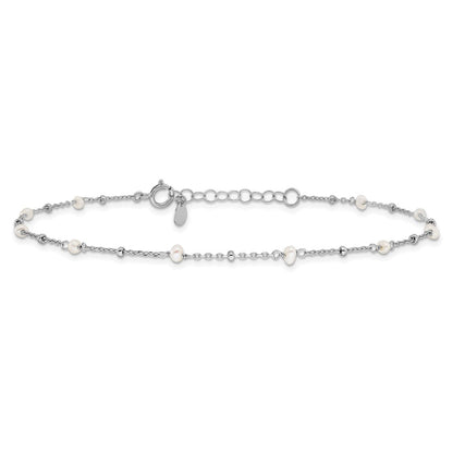 Sterling Silver Rhodium-Plated 3mm Fwc Pearl 9in Plus 1in Ext Anklet