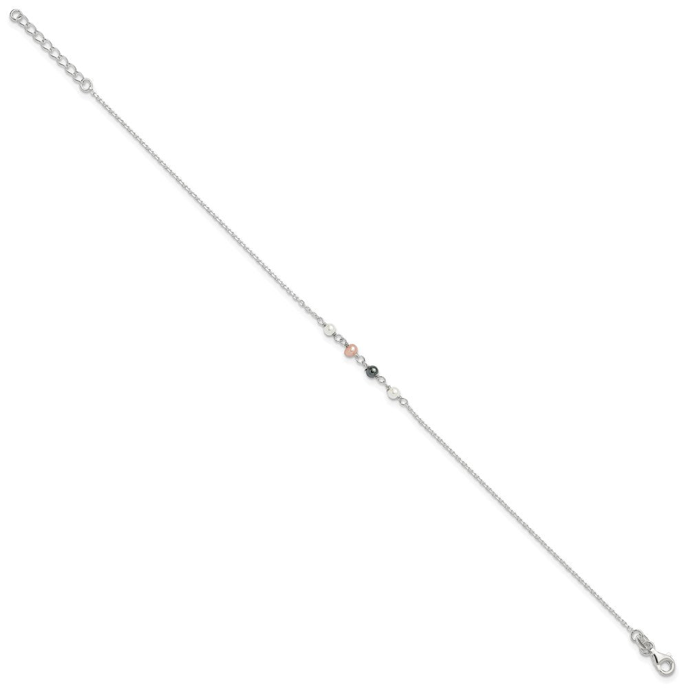 Sterling Silver Polished Syn. Pink, Black, White Pearl 9in Plus 1in Ext