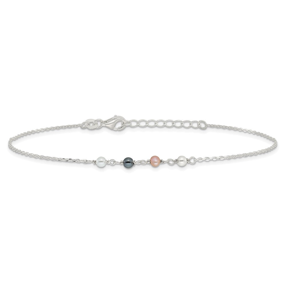 Sterling Silver Polished Syn. Pink, Black, White Pearl 9in Plus 1in Ext
