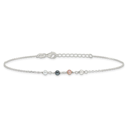 Sterling Silver Polished Syn. Pink, Black, White Pearl 9in Plus 1in Ext