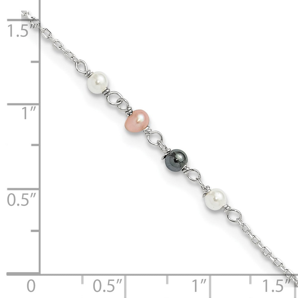 Sterling Silver Polished Syn. Pink, Black, White Pearl 9in Plus 1in Ext