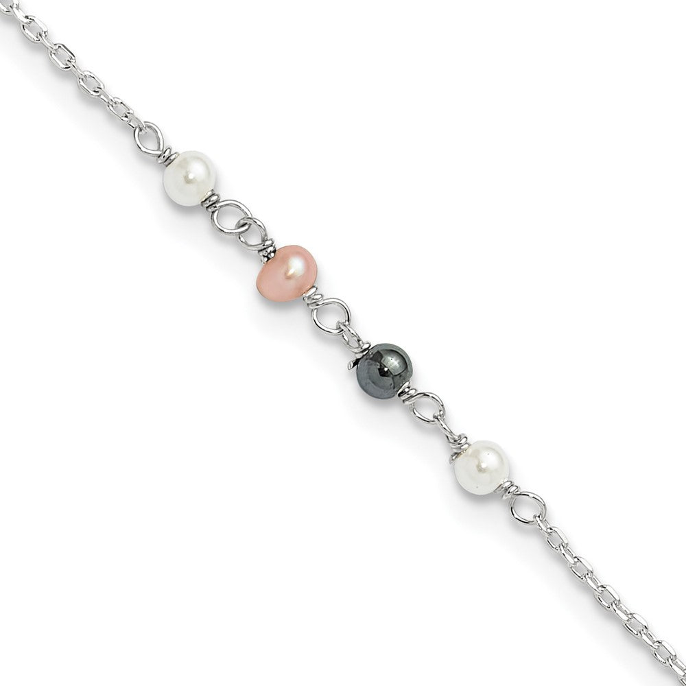 Sterling Silver Polished Syn. Pink, Black, White Pearl 9in Plus 1in Ext