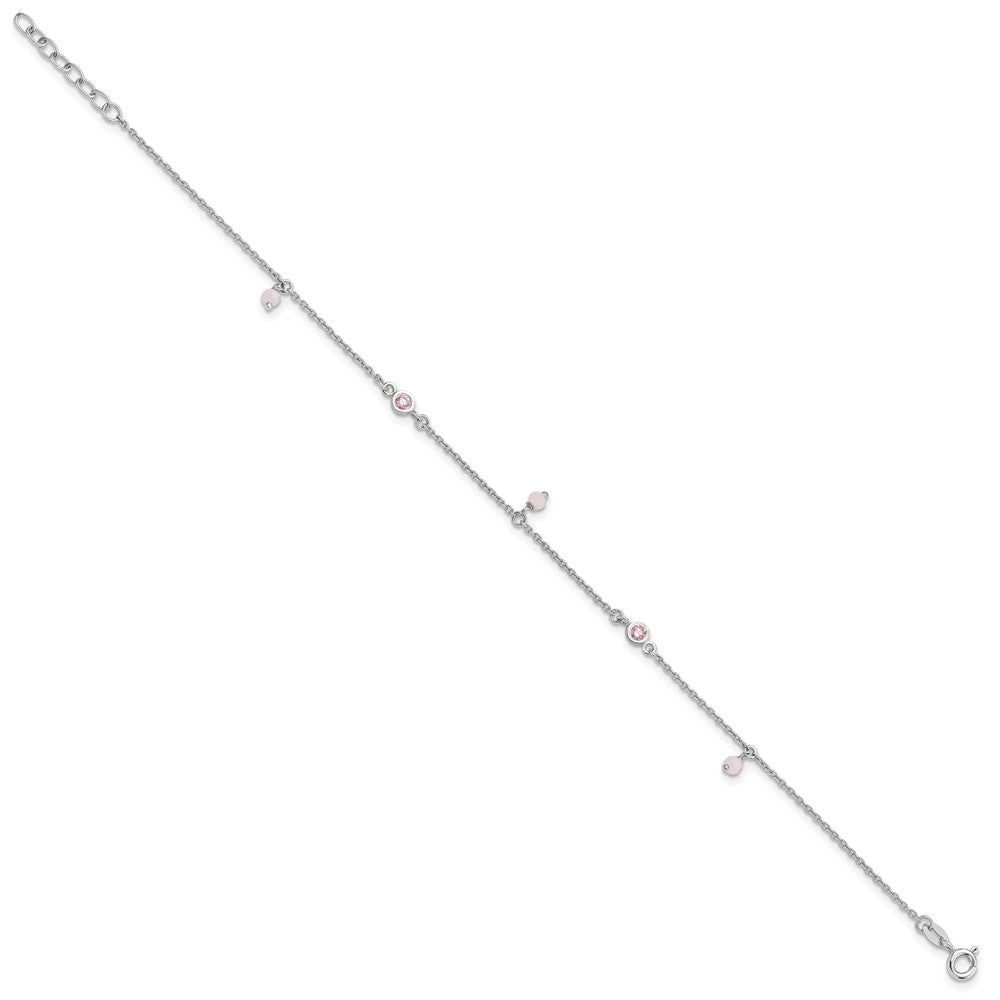Sterling Silver Rhodium Plated Pink Cz/glass Beads 9in Plus 1in Ext Anklet