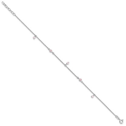 Sterling Silver Rhodium Plated Pink Cz/glass Beads 9in Plus 1in Ext Anklet