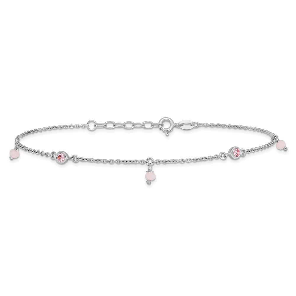 Sterling Silver Rhodium Plated Pink Cz/glass Beads 9in Plus 1in Ext Anklet