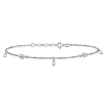 Sterling Silver Rhodium Plated Pink Cz/glass Beads 9in Plus 1in Ext Anklet
