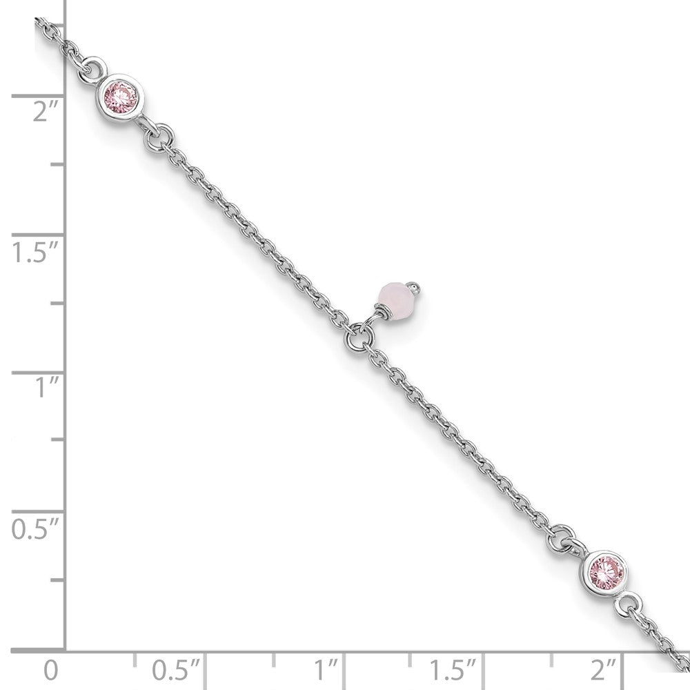 Sterling Silver Rhodium Plated Pink Cz/glass Beads 9in Plus 1in Ext Anklet