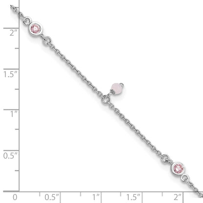 Sterling Silver Rhodium Plated Pink Cz/glass Beads 9in Plus 1in Ext Anklet