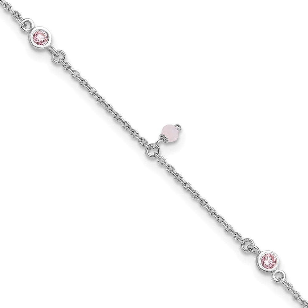 Sterling Silver Rhodium Plated Pink Cz/glass Beads 9in Plus 1in Ext Anklet