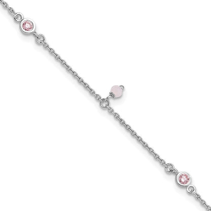 Sterling Silver Rhodium Plated Pink Cz/glass Beads 9in Plus 1in Ext Anklet