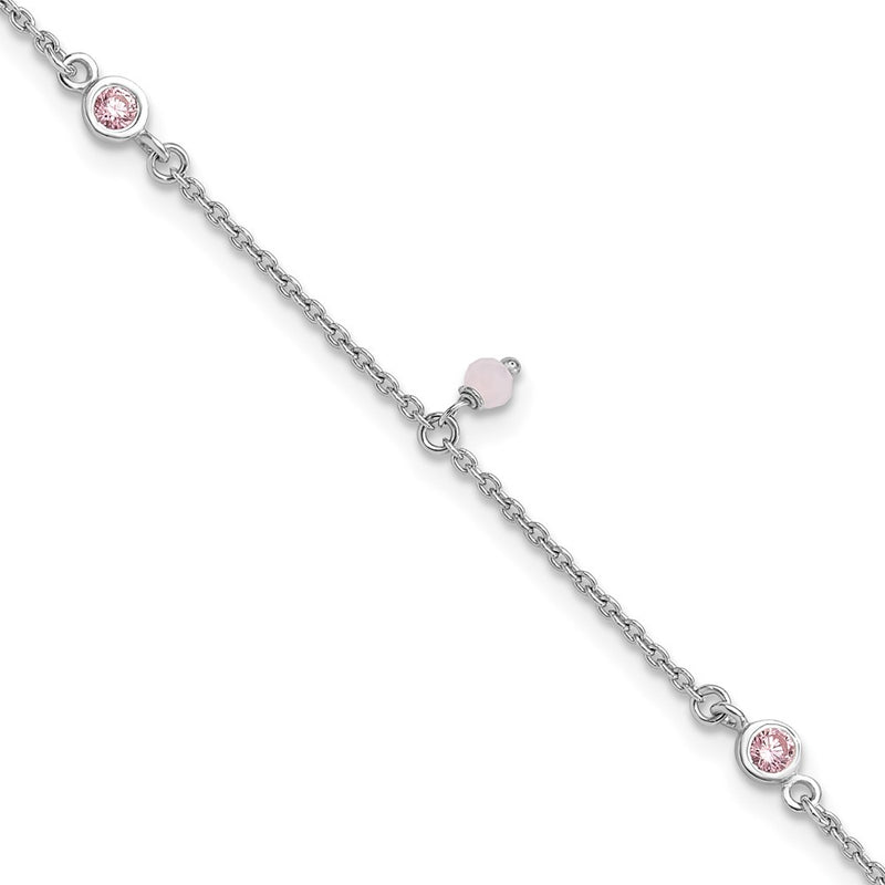 Sterling Silver Rhodium Plated Pink Cz/glass Beads 9in Plus 1in Ext Anklet