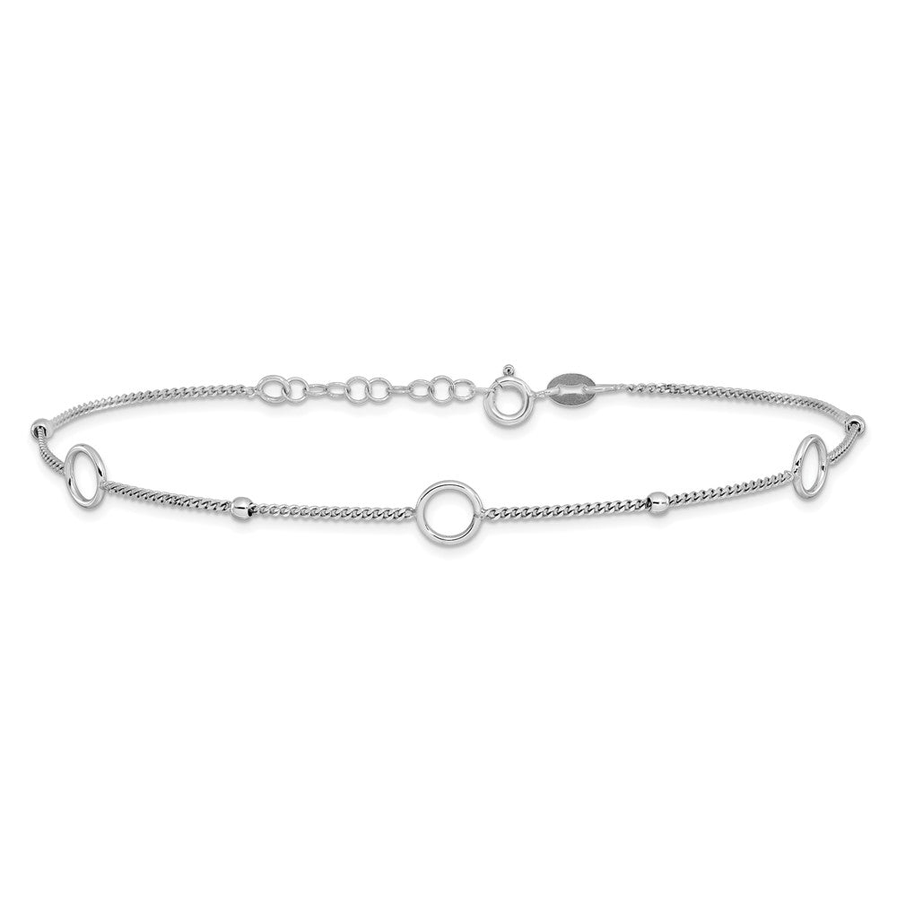 Sterling Silver Rhodium-Plated Rings and Beads 9in Plus 1in Ext Anklet