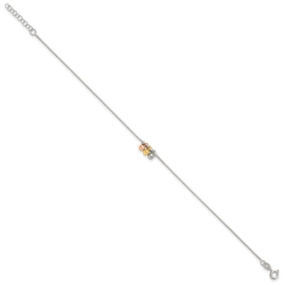 Sterling Silver with Rose and Gold-Tone Dangle Beads 9in Plus 1in Ext Ankle
