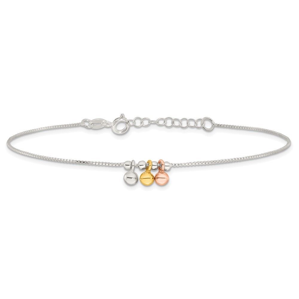 Sterling Silver with Rose and Gold-Tone Dangle Beads 9in Plus 1in Ext Ankle