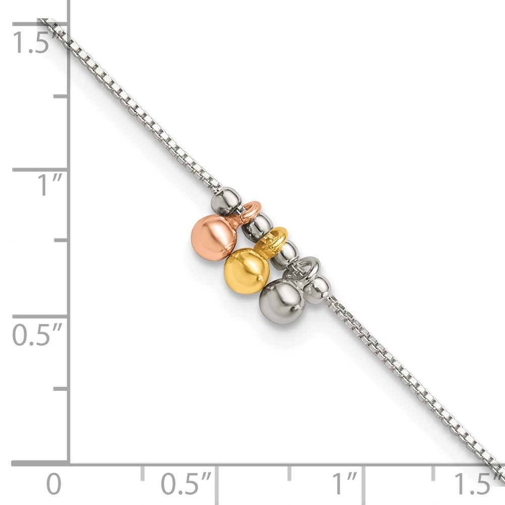 Sterling Silver with Rose and Gold-Tone Dangle Beads 9in Plus 1in Ext Ankle
