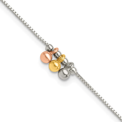 Sterling Silver with Rose and Gold-Tone Dangle Beads 9in Plus 1in Ext Ankle