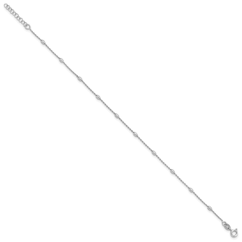 Sterling Silver Rhod-Pltd Polished D/c Oval Beaded 9in w/1in Ext Anklet