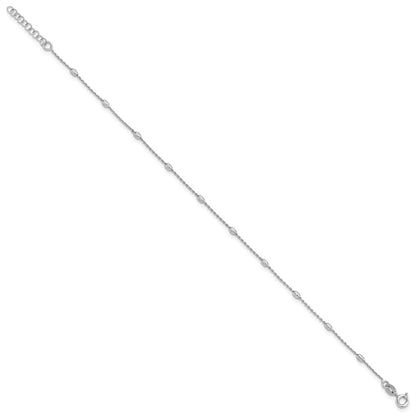 Sterling Silver Rhod-Pltd Polished D/c Oval Beaded 9in w/1in Ext Anklet