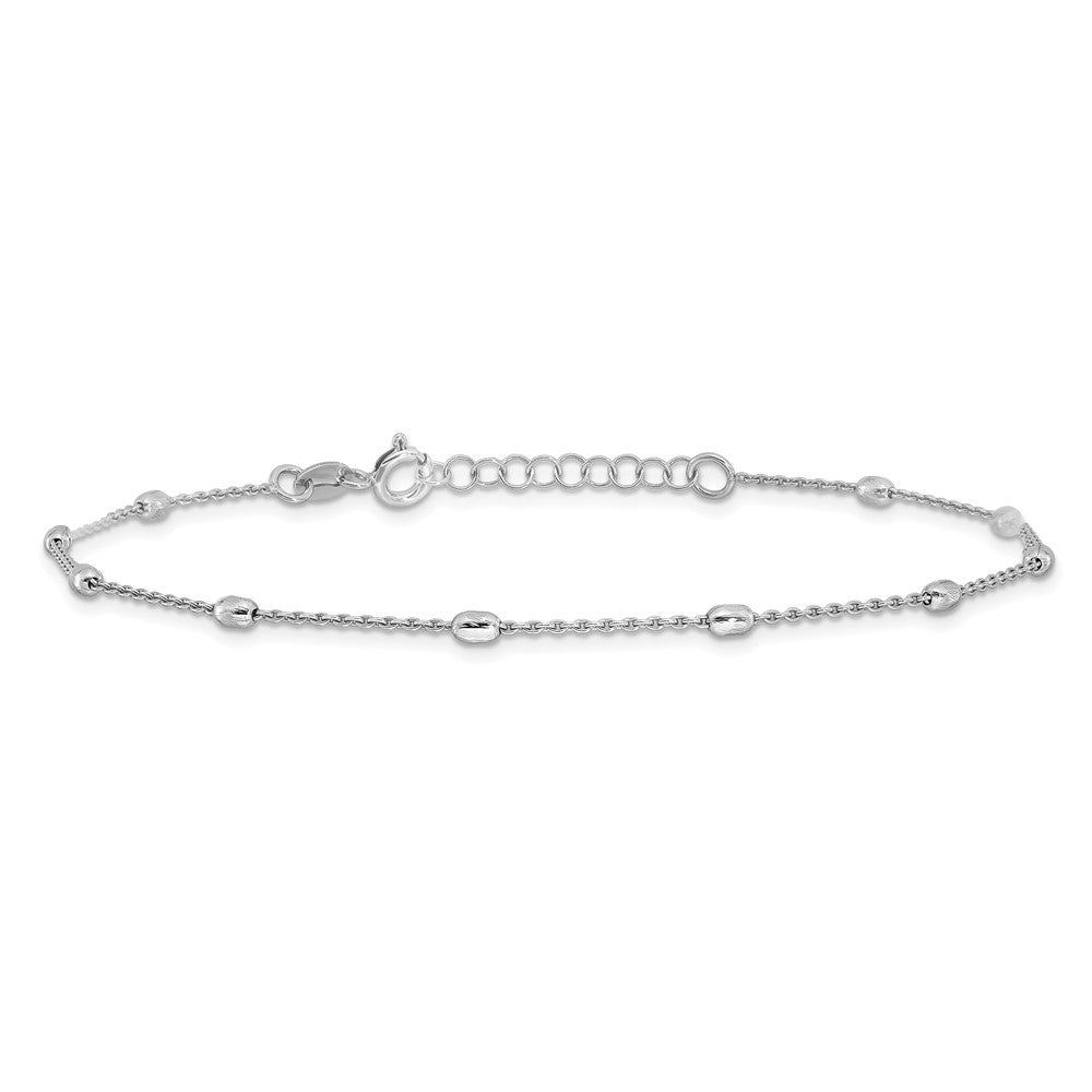 Sterling Silver Rhod-Pltd Polished D/c Oval Beaded 9in w/1in Ext Anklet