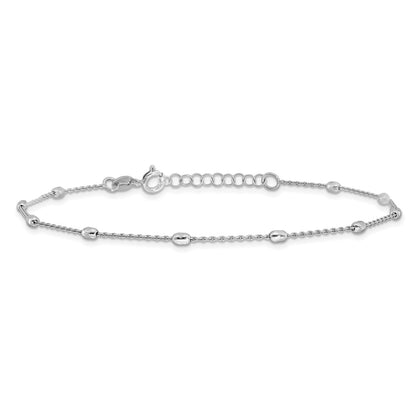 Sterling Silver Rhod-Pltd Polished D/c Oval Beaded 9in w/1in Ext Anklet
