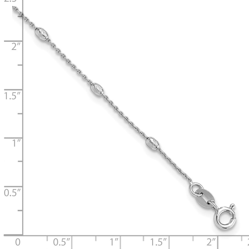Sterling Silver Rhod-Pltd Polished D/c Oval Beaded 9in w/1in Ext Anklet