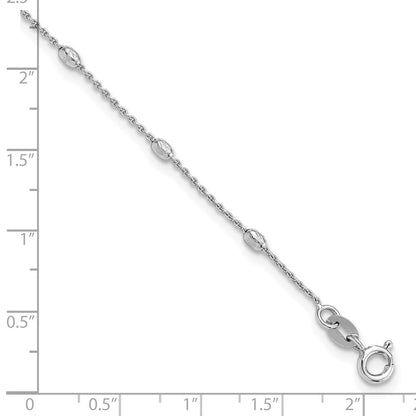 Sterling Silver Rhod-Pltd Polished D/c Oval Beaded 9in w/1in Ext Anklet