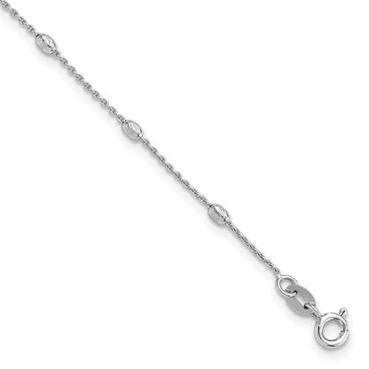 Sterling Silver Rhod-Pltd Polished D/c Oval Beaded 9in w/1in Ext Anklet