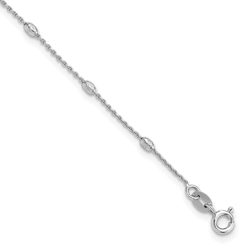 Sterling Silver Rhod-Pltd Polished D/c Oval Beaded 9in w/1in Ext Anklet