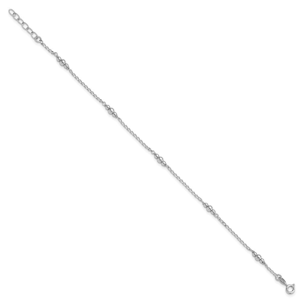 Sterling Silver Rhodium-Plated Polished Beaded 9in Plus 1 in Ext Anklet