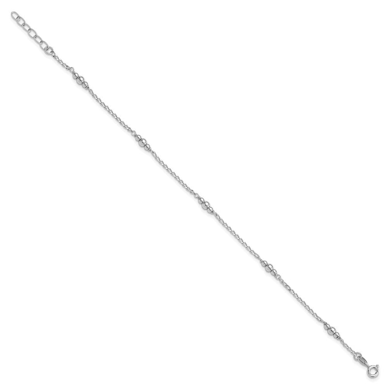 Sterling Silver Rhodium-Plated Polished Beaded 9in Plus 1 in Ext Anklet