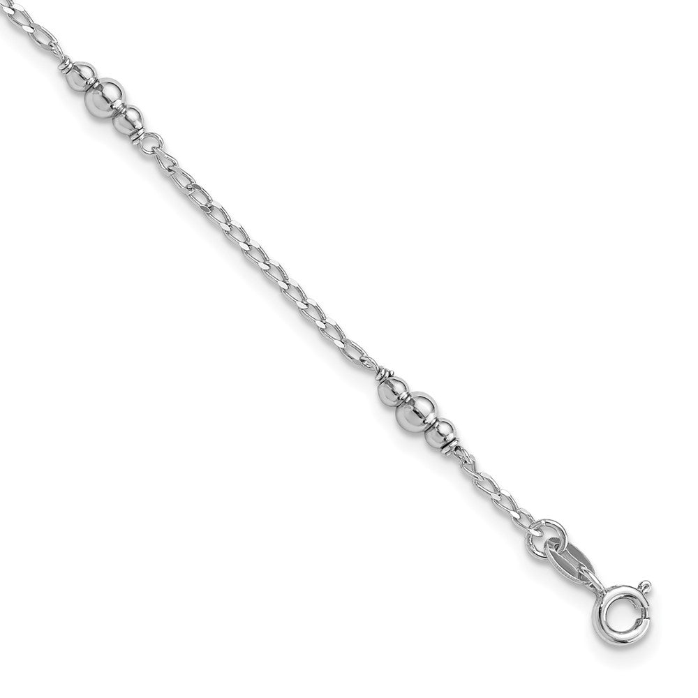 Sterling Silver Rhodium-Plated Polished Beaded 9in Plus 1 in Ext Anklet