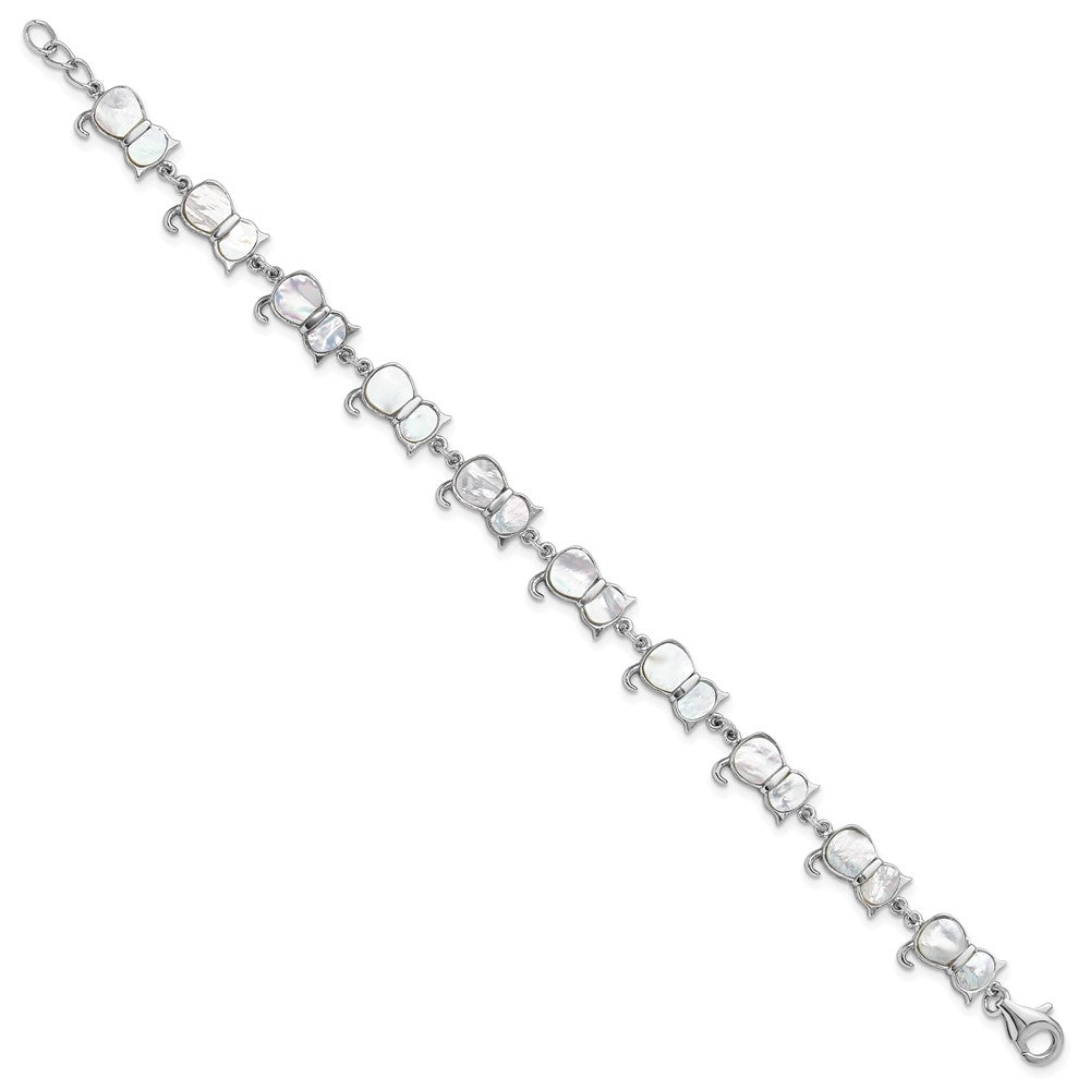 Sterling Silver Rhodium-Plated Mother of Pearl Cat Link Bracelet