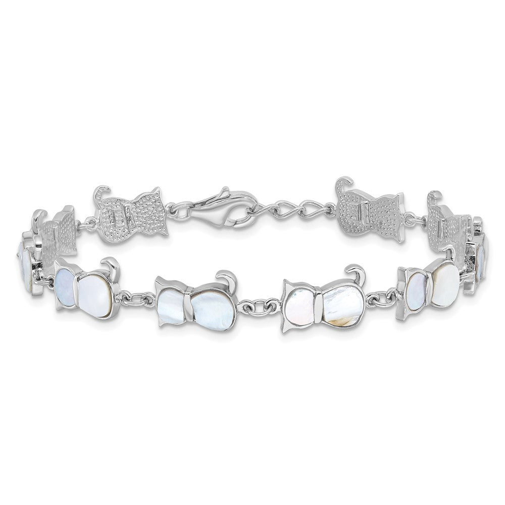 Sterling Silver Rhodium-Plated Mother of Pearl Cat Link Bracelet