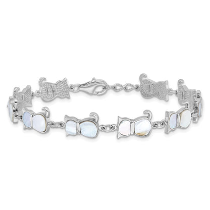 Sterling Silver Rhodium-Plated Mother of Pearl Cat Link Bracelet