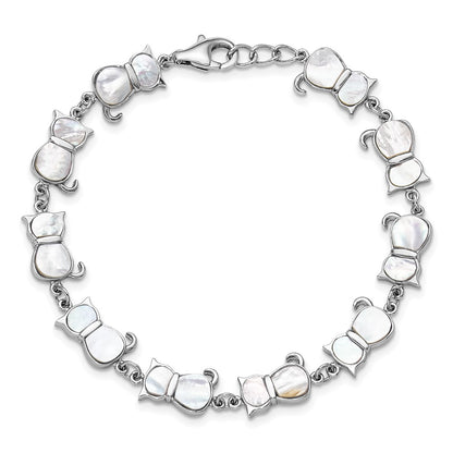 Sterling Silver Rhodium-Plated Mother of Pearl Cat Link Bracelet