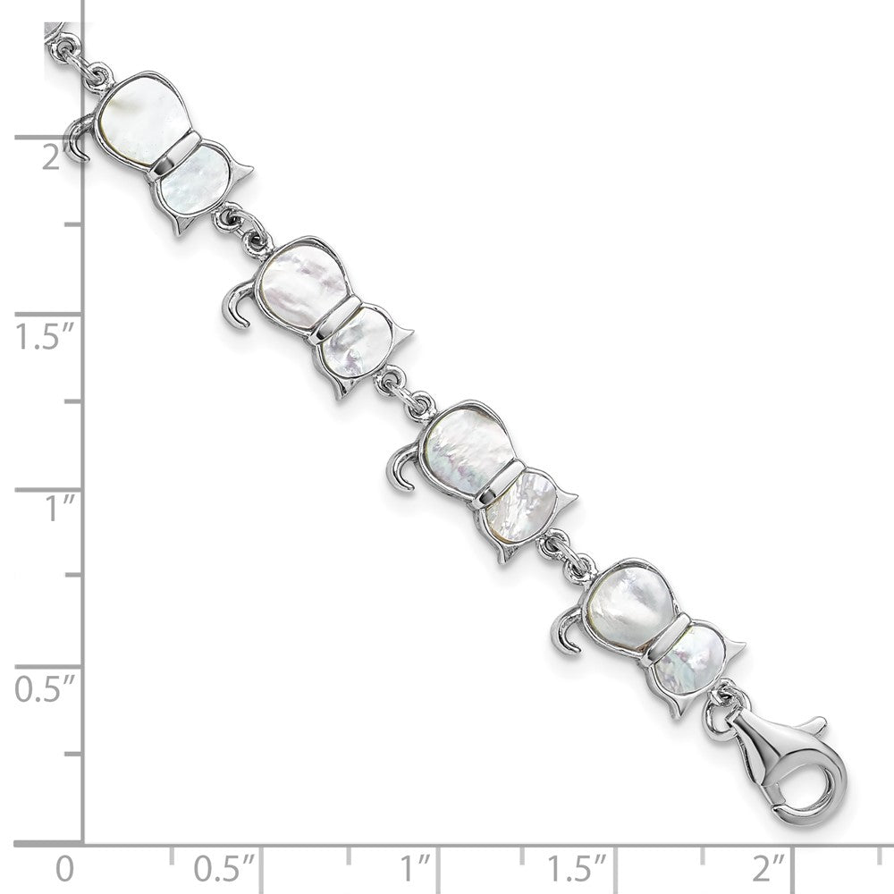 Sterling Silver Rhodium-Plated Mother of Pearl Cat Link Bracelet