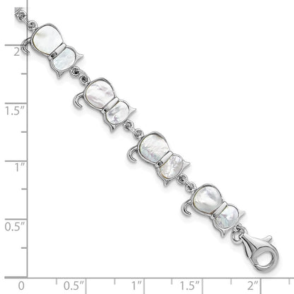 Sterling Silver Rhodium-Plated Mother of Pearl Cat Link Bracelet