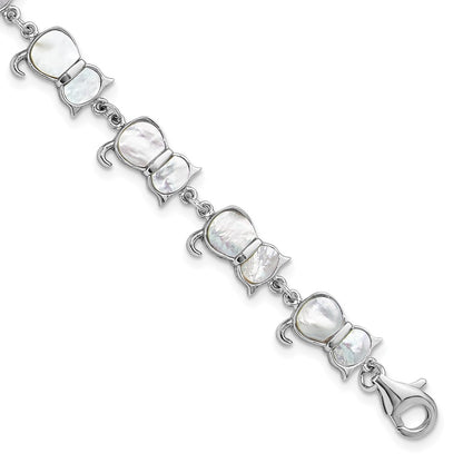 Sterling Silver Rhodium-Plated Mother of Pearl Cat Link Bracelet