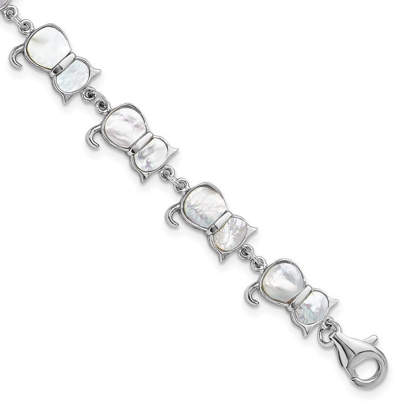 Sterling Silver Rhodium-Plated Mother of Pearl Cat Link Bracelet