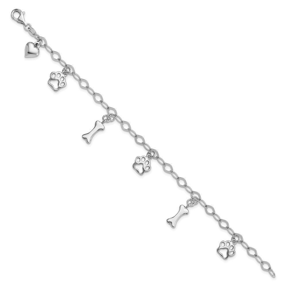 Sterling Silver Rhodium-Plated Dog Bone Paw Heart Charm 7.5in Bracelet