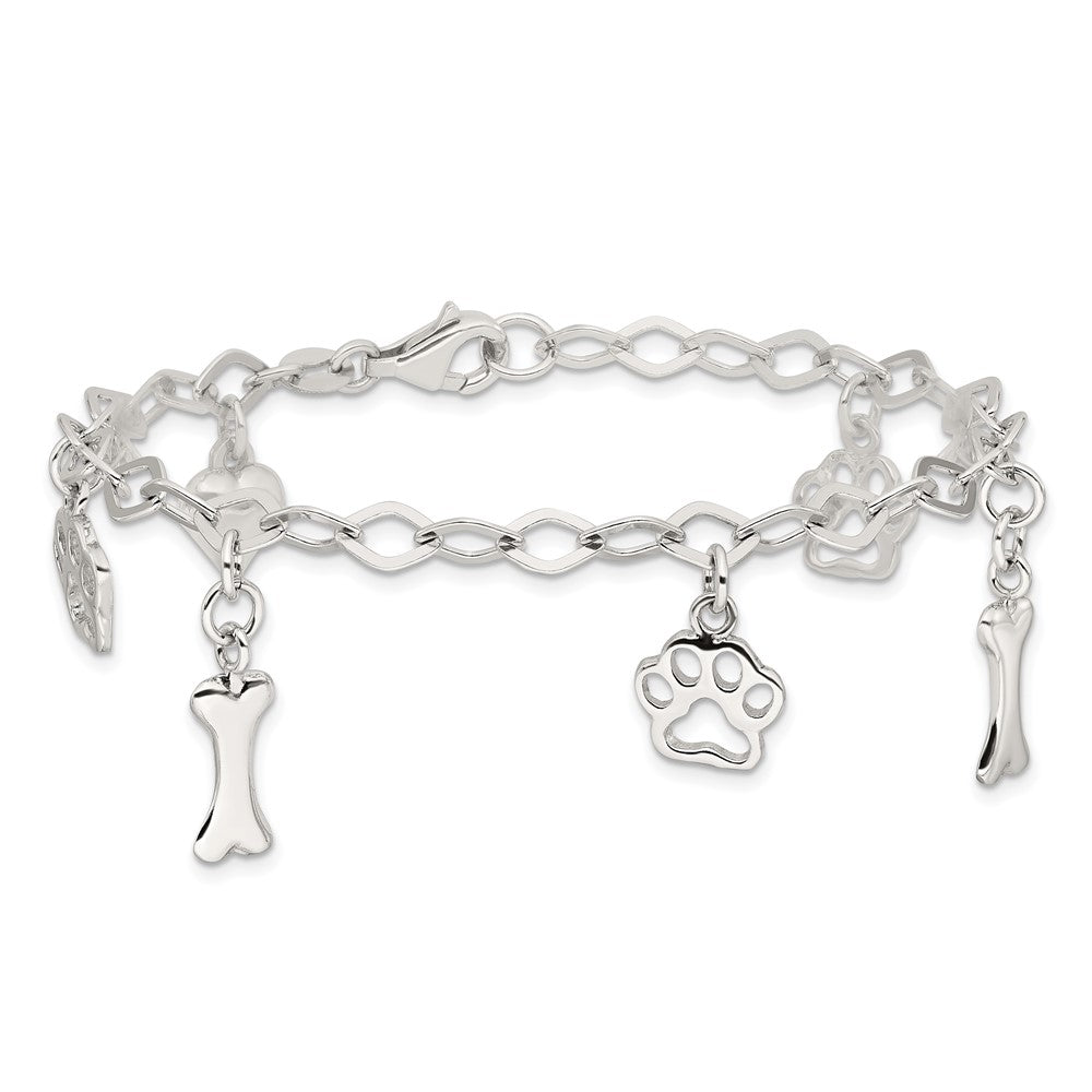 Sterling Silver Rhodium-Plated Dog Bone Paw Heart Charm 7.5in Bracelet