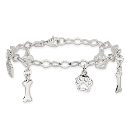 Sterling Silver Rhodium-Plated Dog Bone Paw Heart Charm 7.5in Bracelet