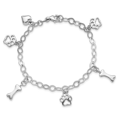 Sterling Silver Rhodium-Plated Dog Bone Paw Heart Charm 7.5in Bracelet