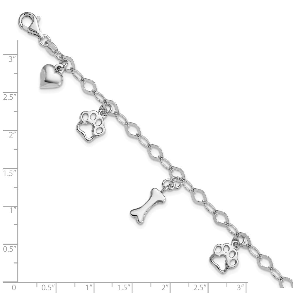 Sterling Silver Rhodium-Plated Dog Bone Paw Heart Charm 7.5in Bracelet