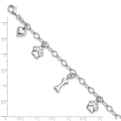Sterling Silver Rhodium-Plated Dog Bone Paw Heart Charm 7.5in Bracelet